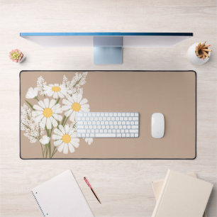 Elegant Floral White Daisies on Beige Desk Mat