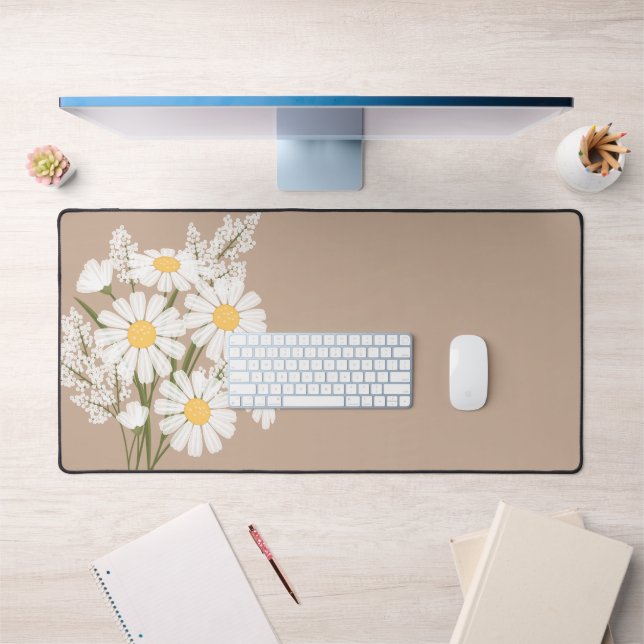 Elegant Floral White Daisies on Beige Desk Mat (Office 1)