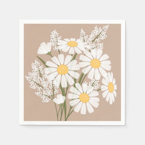 Elegant Floral White Daisies on Beige Napkins