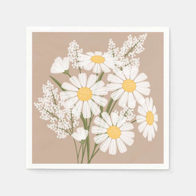 Elegant Floral White Daisies on Beige Napkins (Front)
