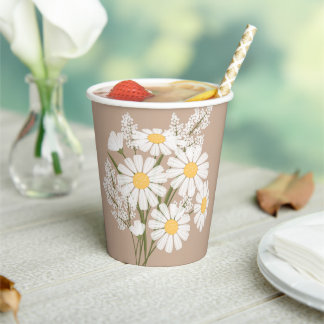 Elegant Floral White Daisies on Beige Paper Cups