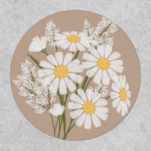 Elegant Floral White Daisies on Beige Patch
