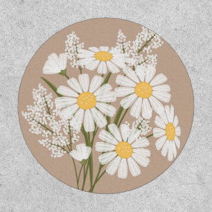 Elegant Floral White Daisies on Beige Patch