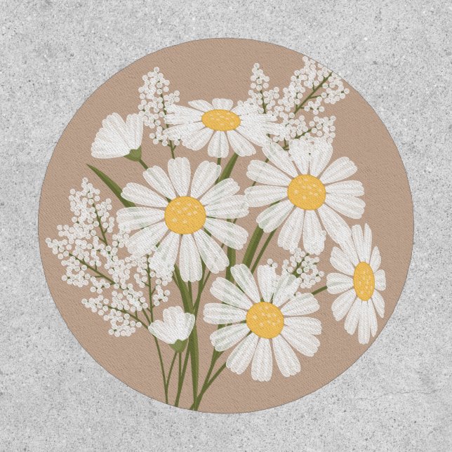 Elegant Floral White Daisies on Beige Patch (Front)