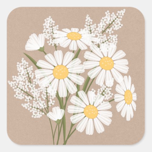 Elegant Floral White Daisies on Beige Wedding Square Sticker