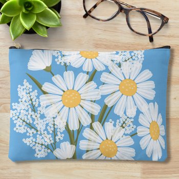 Elegant Floral White Daisies On Blue Accessory Pouch by Chibibi at Zazzle