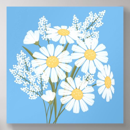 Elegant Floral White Daisies on Blue Acrylic Photo Tile