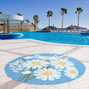 Elegant Floral White Daisies on Blue Beach Towel