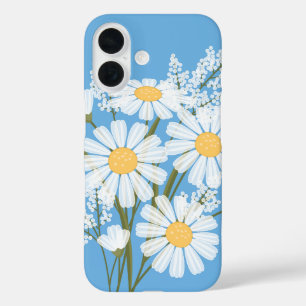Elegant Floral White Daisies on Blue iPhone 16 Case