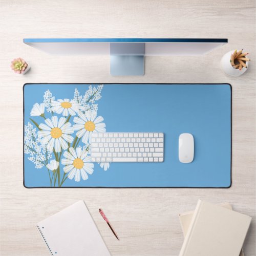 Elegant Floral White Daisies on Blue Desk Mat