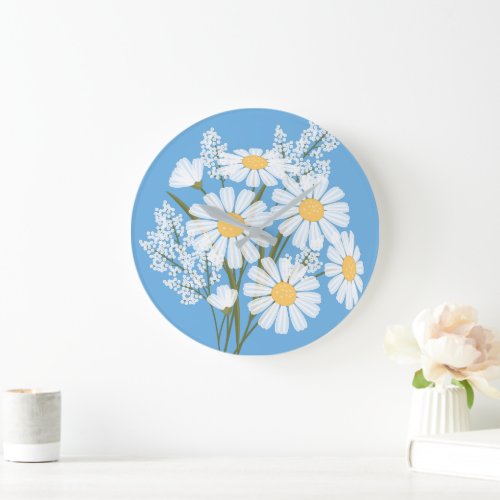Elegant Floral White Daisies on Blue Large Clock