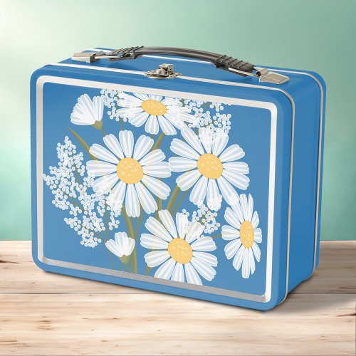 Elegant Floral White Daisies on Blue Metal Lunch Box
