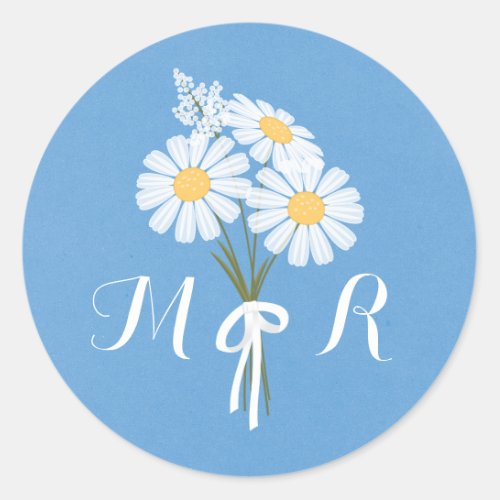 Elegant Floral White Daisies on Blue Monogram Classic Round Sticker