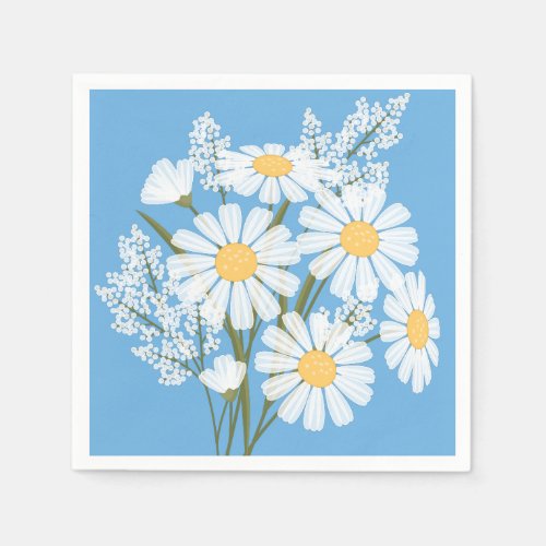 Elegant Floral White Daisies on Blue Napkins