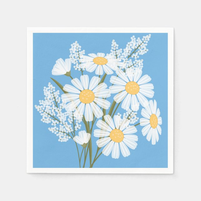 Elegant Floral White Daisies on Blue Napkins (Front)