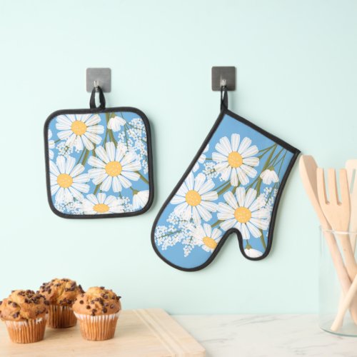 Elegant Floral White Daisies on Blue Oven Mitt  Pot Holder Set