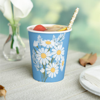 Elegant Floral White Daisies on Blue Paper Cups