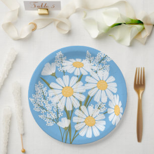 Elegant Floral White Daisies on Blue Paper Plates