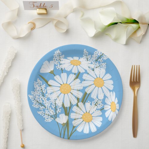 Elegant Floral White Daisies on Blue Paper Plates