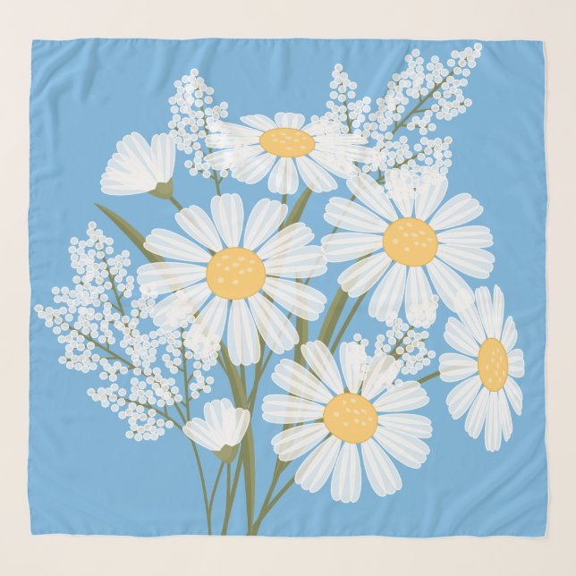 Elegant Floral White Daisies on Blue Scarf (Front)