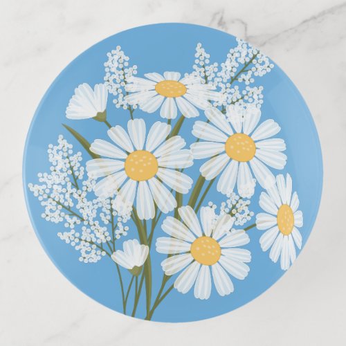 Elegant Floral White Daisies on Blue Trinket Tray