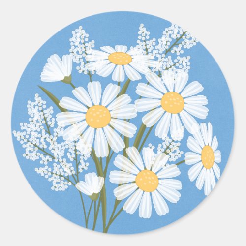Elegant Floral White Daisies on Blue Wedding Classic Round Sticker