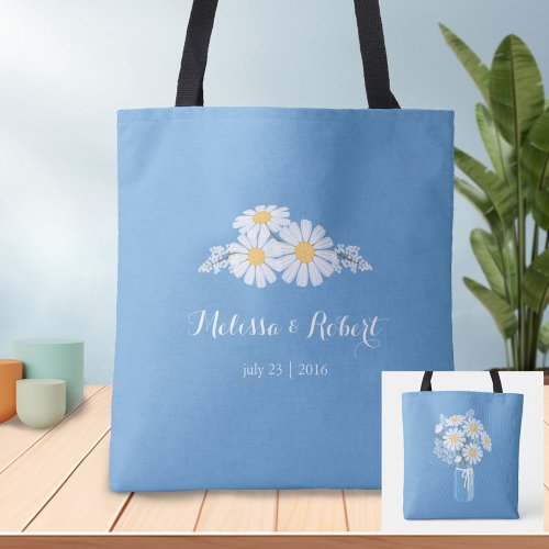 Elegant Floral White Daisies on Blue Wedding Favor Tote Bag