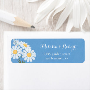 Elegant Floral White Daisies on Blue Wedding Label