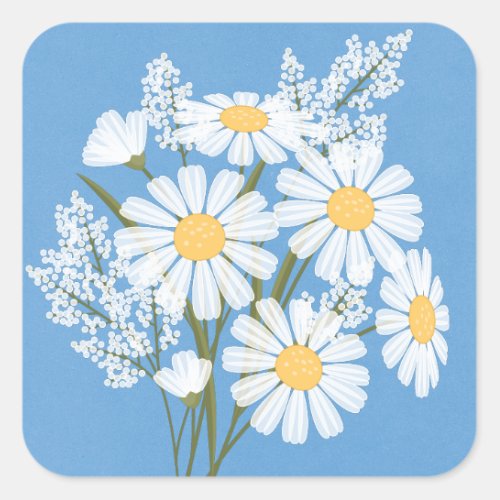 Elegant Floral White Daisies on Blue Wedding Square Sticker