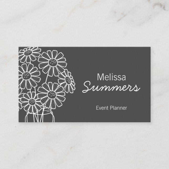 Elegant Floral White Daisies on Dark Gray Business Card (Front)