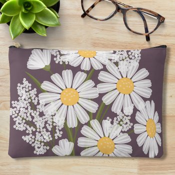 Elegant Floral White Daisies On Dark Purple Accessory Pouch by Chibibi at Zazzle