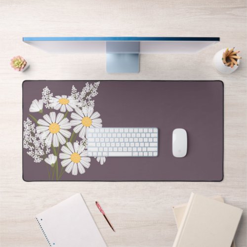 Elegant Floral White Daisies on Dark Purple Desk Mat