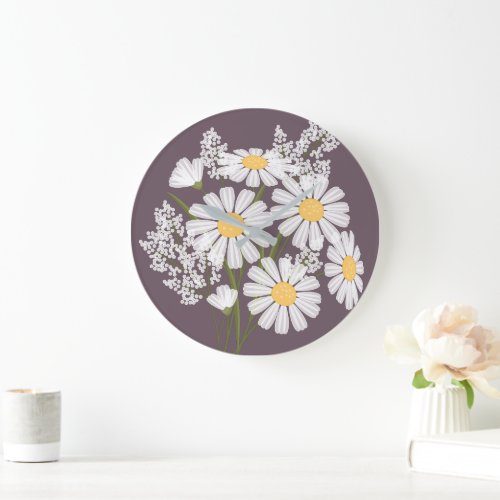 Elegant Floral White Daisies on Dark Purple Large Clock