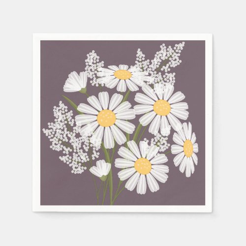 Elegant Floral White Daisies on Dark Purple Napkins