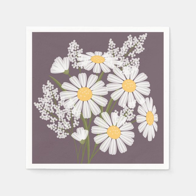 Elegant Floral White Daisies on Dark Purple Napkins (Front)