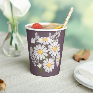 Elegant Floral White Daisies on Dark Purple Paper Cups