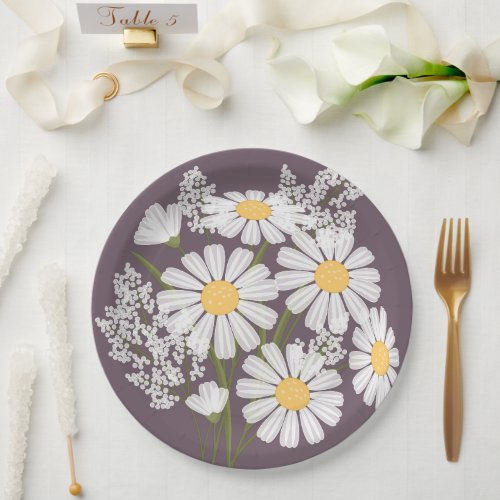 Elegant Floral White Daisies on Dark Purple Paper Plates