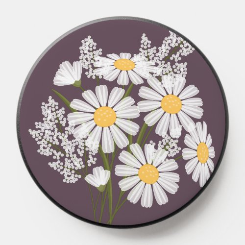 Elegant Floral White Daisies on Dark Purple PopSocket