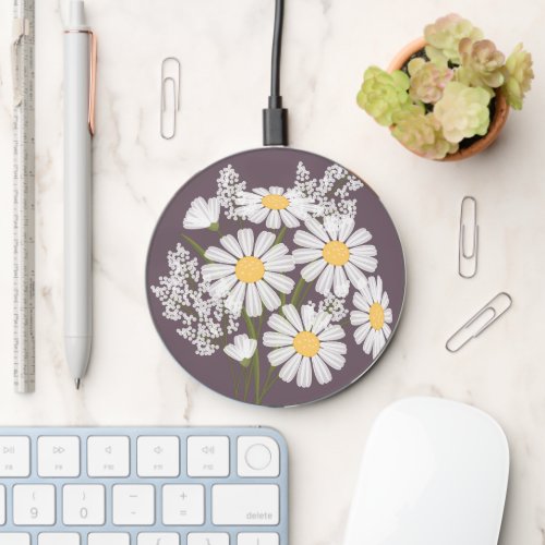 Elegant Floral White Daisies on Dark Purple Wireless Charger