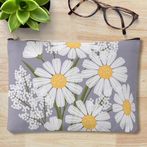 Elegant Floral White Daisies on Lavender Accessory Pouch