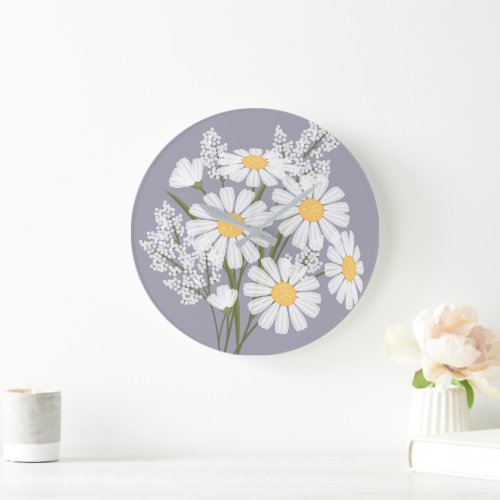 Elegant Floral White Daisies on Lavender Large Clock