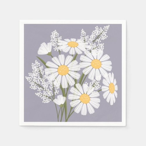 Elegant Floral White Daisies on Lavender Napkins