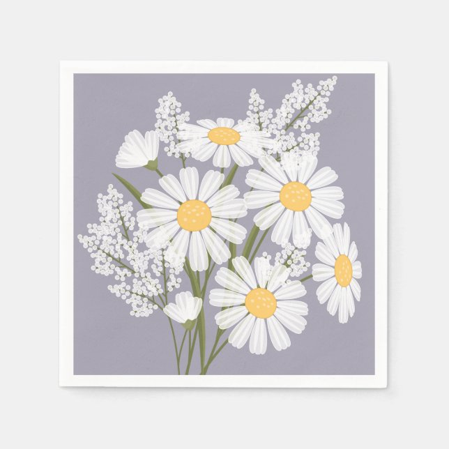 Elegant Floral White Daisies on Lavender Napkins (Front)