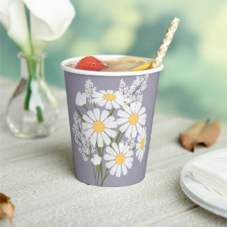 Elegant Floral White Daisies on Lavender Paper Cups