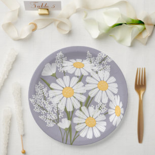 Elegant Floral White Daisies on Lavender Paper Plates
