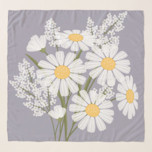 Elegant Floral White Daisies on Lavender Scarf