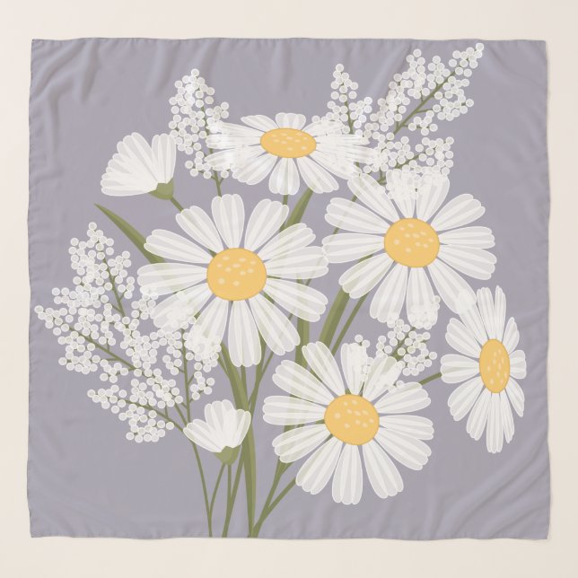 Elegant Floral White Daisies on Lavender Scarf (Front)