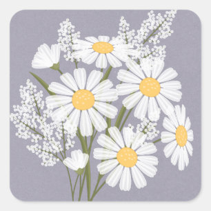 Elegant Floral White Daisies on Lavender Wedding Square Sticker
