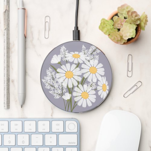 Elegant Floral White Daisies on Lavender Wireless Charger