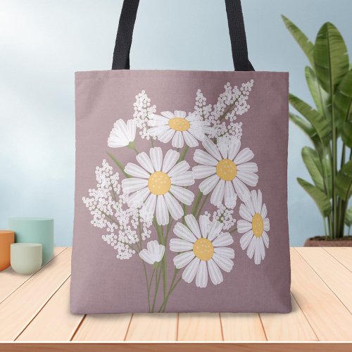 Elegant Floral White Daisies on Pink Tote Bag